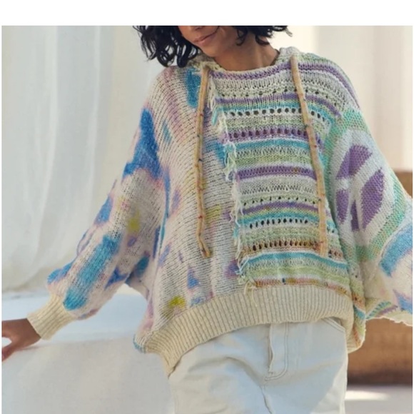 Free People Sweaters - Free People Flower Child Poncho Sweater Hooded Tie Dye Patchwork size small